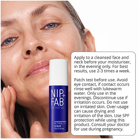 Image 1, apply to cleansed face and neck before your moisturiser, in the evening only. for best results, use 2-3 times a weel. patch test before use. avoid eye contact, if contact occurs rinse well with lukewarm water. only use in the evenings. discontinue use if irritation occurs. do not use on irritated skin. over usage can cause drying and irritation of the skin. use SPF protection while using this product. consult your doctor for use during pregnancy. Image 2, how to layer: retinol, PM only. 1 = cleanse with hyaluronic fix extreme 4 cleansing cream. 2 = treat with retinol fix booster. 3 = hydrate with hyaluronic fix extreme 4 serum. 4 = treat with retinol fix eye treatment. 5 = moisturise with retinol fix overnight cream. in the AM: anti-redness SPF 30 moisturiser.