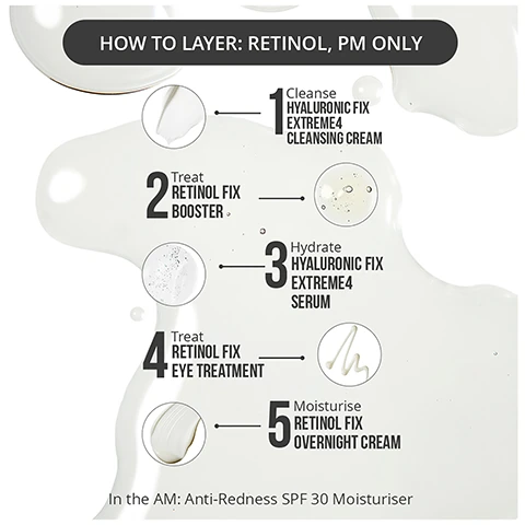 how to layer: retinol, PM only. 1 = cleanse with hyaluronic fix extreme 4 cleansing cream. 2 = treat with retinol fix booster. 3 = hydrate with hyaluronic fix extreme 4 serum. 4 = treat with retinol fix eye treatment. 5 = moisturise with retinol fix overnight cream. in the AM: anti-redness SPF 30 moisturiser.