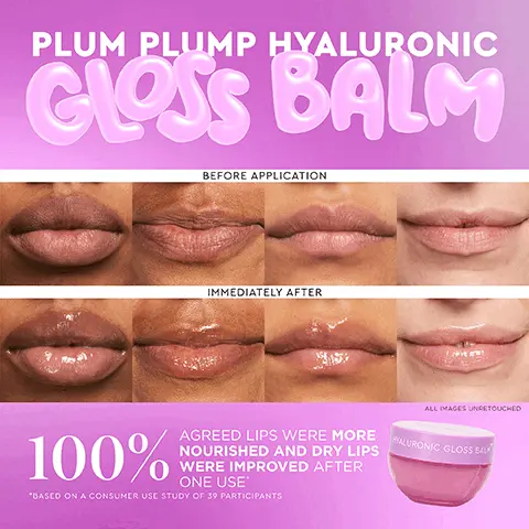 Plum plump hyaluronic gloss balm, before and after application. 100% agreed lips were more nourished and dry lips were improved after one use. Image 2, Glow recipe transform parched lips with this ultra hydrating balm and high shine gloss in one. kakadu plum smooths and refines fine lines on lips, hyaluronic acid increases and retains skin moisture and raspberry extract hydrates and protects against moisture loss. Image 3, clinically effective trio for ultimate hydration step 1: treat, step 2: moisturize and step 3: hydrate lips