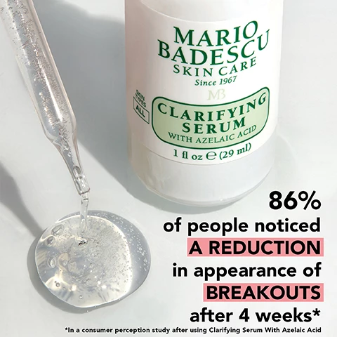 Image 86% of people noticed a reduction in appearance of breakouts after 4 weeks* *in a consumer perception study after using clarifying serum with azelaic acid. Image 2, 86% of people noticed calmer skin after 4 weeks. 86% of people noticed less redness after 4 weeks. *in a consumer perception study after using clarifying serum with azelaic acid.