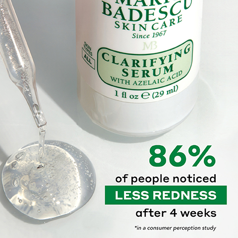 A dropper dispensing a clear serum next to a bottle labeled Mario Badescu Skin Care Clarifying Serum with Azelaic Acid displaying the text 86% of people noticed LESS REDNESS after 4 weeks.