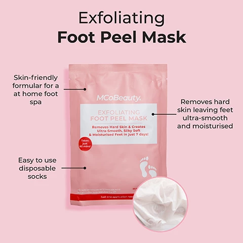 Image 1, exfoliating foot peel. skin friendly formula for an at home foot spa, easy to use disposable socks, removes hard skin leaving feet ultra smooth and moisturised. Image 2, before and after. Image 3, step 1 = apply the mask, step 2 = wash off, step 3. Image 3, exfoliating foot peel mask. Image 4, how to use foot peel mask, 1 = use scissors to cut foot peel mask following the instructions on packaging, 2 = place feet inside the foot peel mask then secure around your ankle, 3 = wear the foot peel mask for at least 60 mins, 4 = rinse feet completely and pat dry, 5 = after 7-10 days feet will feel silky smooth and soft.