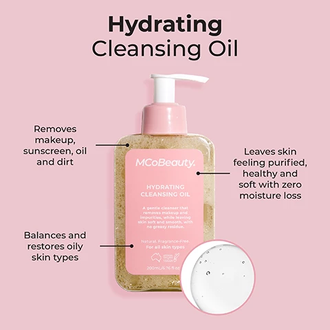 Image 1, hydrating cleansing oil, removes makeup, sunscreen, oil and dirt. balances and restores oily skin types, leaves skin feeling purified, healthy and soft with zero moisture loss. Image 2, before and after. Image 3, hydrating cleansing oil.