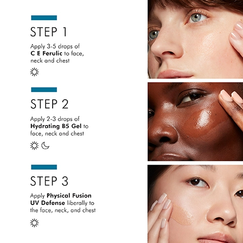 step 1 apply 3-5 drops of C E ferulic to face neck and chest in the morning. step 2 apply 3-5 drops of hydrating b5 gel to face neck and chest morning and night. step 3 apply physical fusion uv defense liberally to the face neck and chest.