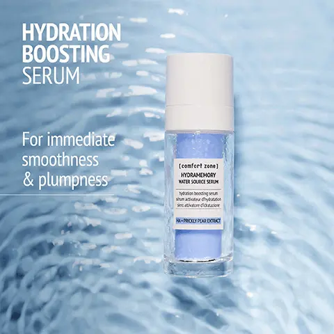 Hydration boosting serum for immediate smoothness and plumpness. Instant hydration and glow. +83% immediate hydration. +32% immediate radiance- instrumental evaluation, 20 people, different climate conditions, 1 application, instrumental evaluation, 20 people, 1 application. Bioactive ingredients, prickly pear extract, strengthening the skin abrrier. Macro hyaluronic acid, moisturizng. 98% natural-origin ingredients. Vegan, Biomimetic sorbet texture. Hydrating routine. 1. boost- water source serum. 2. hydrate- rich sorbet cream. 3. brighten- depuff eye cream. comfort zone conscious skin science- certified corporation. 