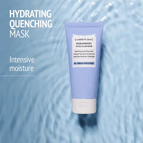 Hydrating quenching mask- intensive moisture. Instant hydration and glow. +23% hydration after only 15 minutes of application- instrumental evaluation, 20 people, 1 application. Bioactive ingredients. Prickly pear extract- strengthening the skin barrier, macro hyaluronic acid- moisturizing. 95% natural-origin ingredients. Vegan, Biomimetic sorbet texture. Hydrating routine. 1. boost- water source serum. 2. hydrate- rich sorbet cream. 3. brighten- depuff eye cream. comfort zone conscious skin science- certified corporation.