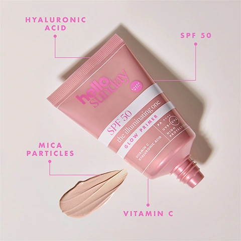 Image 1 - A pink tube of Hello Sunday SPF 50 the illuminating one Glow Primer with a swatch of the product, highlights key features and visible text including HYALURONIC ACID, SPF 50, MICA PARTICLES, VITAMIN C, SHARE WELL, PA ++++, UVB + UVA, and HIGH PROTECTION. Image 2 - A pink tube of Hello Sunday SPF 50 The Illuminating One Glow Primer is depicted, with accompanying text detailing product features: the illuminating one SPF 50 GLOW PRIMER, GLOW PIGMENTS Illuminating microparticles of Mica add a pearlescent glow, HYALURONIC ACID An ultra-hydrator that helps maintain the skins balance, VITAMIN C A powerhouse antioxidant with brightening properties, protects skin from premature ageing, and SPF 50 High protection from UVA/UVB, Infrared rays, blue light and pollution; additional text on the tube reads HIGH PROTECTION ALL YEAR ROUND, PA +++, UVA UVB IR BL. Image 3 - A before and after split image of a womans face, showing her skin transition from a natural, slightly uneven tone on the left to a smoother, visibly glowing, and more radiant complexion on the right, with the text before the illuminating one SPF 50 after the illuminating one SPF 50.