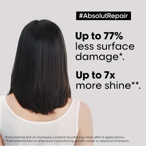absolutrepair. up to 77% less surface damage. up to 7 times more shine. instrumental test on shampoo and instant resurfacing mask after 5 applications. instrumental test on shampoo and resurfacing golden mask vs classical shampoo.