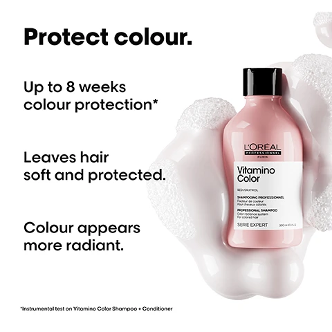 Image 1 - A light pink LOréal Professionnel Vitamino Color Resveratrol Professional Shampoo from the Serie Expert line for colored hair, 300ml / 10.1 fl.oz., is shown sitting in white foam, with surrounding text that reads Protect colour. Up to 8 weeks colour protection* Leaves hair soft and protected. Colour appears more radiant. *Instrumental test on Vitamino Color Shampoo + Conditioner. Image 2 - A large iridescent sphere containing many small red capsules, with a magnified image of a hair strand in the bottom right corner, displays the text THE TECH Resveratrol. Protect your color. Inside the fiber Anti-oxydant to nourish and protect the hair follicles. Image 3 - A womans long, light brown hair is shown from the back, split vertically into a Before section on the left with duller hair and an After section on the right with shinier hair, with close-up squares highlighting the texture difference, and three pink LOréal Professionnel Vitamino Color products at the bottom right, along with the visible text Before, After, Not retouched. Image 4 - Three pink LOréal Professionnel Vitamino Color hair products are displayed on a white background with product textures, alongside the text A color protection professional routine. The first product is LOréal Professionnel Paris Vitamino Color Resveratrol Shampooing Professionnel Professional Shampoo Serie Expert 300 ml and is labeled 01 Cleanse. The second product is LOréal Professionnel Paris Vitamino Color Resveratrol Masque Professionnel Professional Mask Serie Expert 250 ml and is labeled 02 Care. The third product is LOréal Professionnel Paris Vitamino Color Resurfacing Agent Lait 10-in-1 Professionnel 10-in-1 Professional Milk Serie Expert and is labeled 03 Protect. Image 5 - The image illustrates a three-step guide for applying shampoo: first, hands applying shampoo to wet hair; second, hands lathering the hair to create foam; and third, hair being rinsed under a shower. The text reads: How to apply like a Pro. 01 Apply the professional shampoo on wet hair. 02 Lather until a rich foam is obtained. 03 Rinse thoroughly. Repeat shampoo for a professional result. Combined with Vitamino Color Conditioner or Mask and multi-benefit leave in treatment. Image 6 - A hand holds a translucent, oval-shaped dollop of shampoo in its palm with the text Apply a bottle cap-sized amount of shampoo.