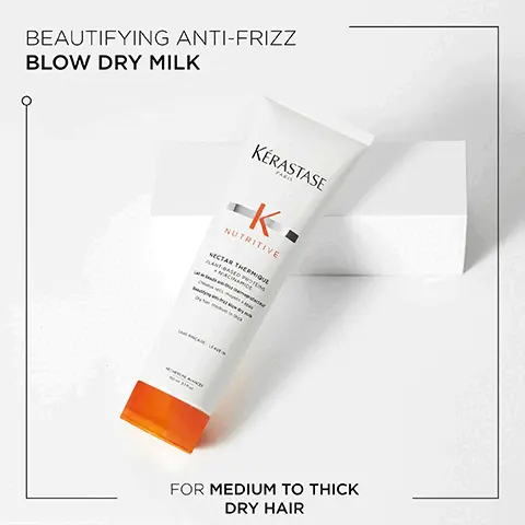 Beautifying anti-frizz blow dry milk for medium to thick dry hair. Niacinamide. Plant-based proteins.
