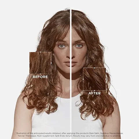 Image 1, BEFORE AFTER "Illustration of the anticipated results obtained after applying the products Bain Satin, Nutritive Masquintense, Nectar Thermique, Nutri-supplement Split Ends Serum. Results may vary from one individual to another Image 2, UP TO 84% INSTANTLY LESS FRIZZ* WORKS FOR UP TO 8 HOURS TO SMOOTH AND STRENGTHEN DRY HAIR UP TO 48% SOFTER HAIR** Image 3, NUTRITIVE RANGE HEALTHY RITUAL FOR DRY HAIR UP TO 99% STRONGER HAIR* UP TO 116X MORE SHINE** UP TO 2X FEWER VISIBLE SPLIT ENDS*** Image 4, LIGHT BEIGE CREAM NUTRITIVE 8HRS MAGIC NIGHT SERUM Image 5, VITAMINS BLEND PLANT-BASED PROTEINS NIACINAMIDE Image 6, 8H MAGIC NUTRITIVE NIGHT SERUM THE SCIENCE INSIDE EDINE AHBICH Kérastase Scientific Director ୧୧ Its formula is fueled with 2 nourishing actives that provides the right dose of care at night. The 1st one instantly treats hair and provides it with immediate care, with a light & non-greasy finish. The 2nd one softens and makes the hair more supple while wrapping the fiber with a protective film to provide durable nourishment. Image 7, 8H MAGIC NUTRITIVE NIGHT SERUM THE PROFESSIONAL INSIDE HOVIG ETOYAN Global Professional Ambassador ୧୧ I grew up with Nutritive and the 8h magic night serum is a product that I love to recommend to my clients seeking a night treatment to boost nourishment, and reduce frizz, leaving the hair softer.