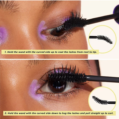 Image 1, step 1 = hold the wand with the curved side up to coat the lashes from root to tip. 2 = hold the wand with the curved side down to hug the lashes and pull straight up to curl. Image 2 and 3, before and after