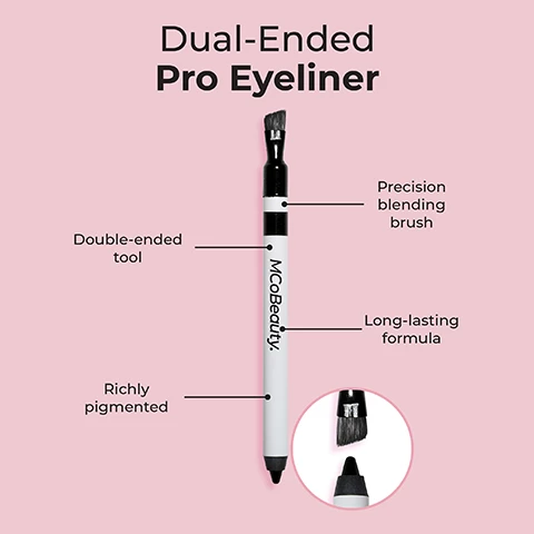 Image 1, dual ended pro eyeliner. precision blending brush, double ended tool, long lasting formula, richly pigmented. Image 2, dual ended pro eyeliner, glide the eyeliner directly onto your lashline or waterline then blend out with the brush. for a more intense smoky eye, layer and softly smudge with the brush. sharpen regularly to keep precise tip. Image 3, before and after. Image 4, step 1, step 2 and step 3. Image 5, dual ended pro eyeliner. Image 6, before and after.