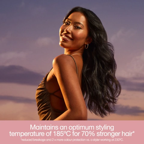 maintains on optimum styling temperature of 185 degree for 70% stronger hair* *reduced breakage and 2 times more colour protection vs a styler working at 230 degrees