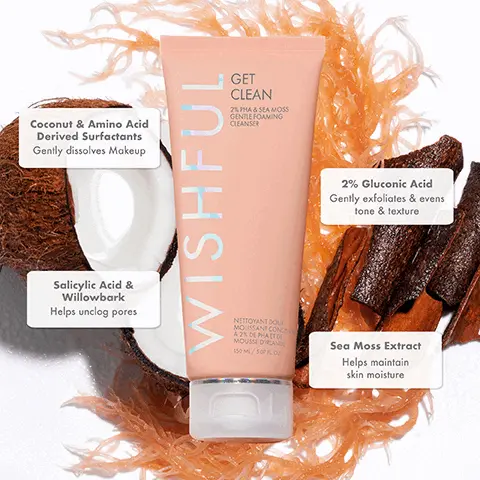 Image 1: coconut and amino acid derived surfactants gently dissolves makeup, salicylic acid and willowbark helps unclog pores, 2% glucoic acid gently exfoliates and evens tone and texture, sea mass extract helps maintain skin moisture. Image 2: bye bye glam, hello clean dissolves makeup, deep cleans, unclogs pores and non drying