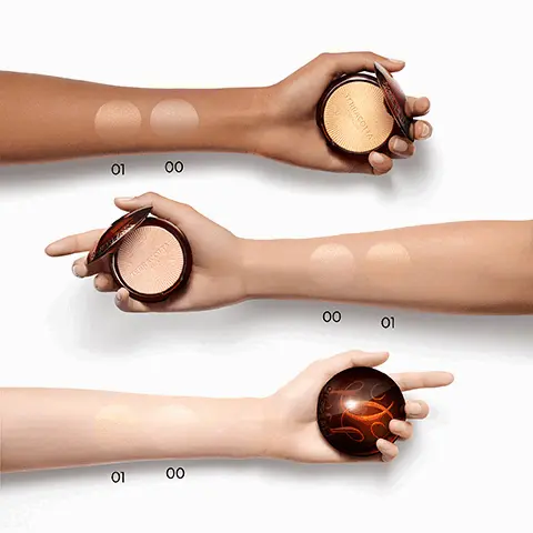 Image 1: model arm swatches of shades 01 and 00. Image 2: 96% naturally derived ingredients, infused with natrual argan oil and a iconic fragrance. Image 3: Terracotta luminizer for a radiant and sensual glow, terracotta original for a bronzed and golden glow. Image 4: complete your routine with terracotta le teint.