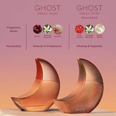 difference between ghost orb of night and ghost orb of night opulence. ghost orb of night, fragrance notes = cherry, orange blossom, caramel. personality = sensual and voluptuous. ghost orb of night opulence, fragrance notes = pink pepper, orange blossom, cocoa butter. personality = alluring and hypnotic.