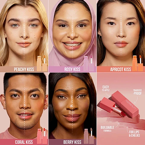 swatches on 5 different models. peachy kiss, rosy kiss, apricot kiss, coral kiss and berry kiss. easy to apply, transfer proof, buildable formula and for lips and cheeks