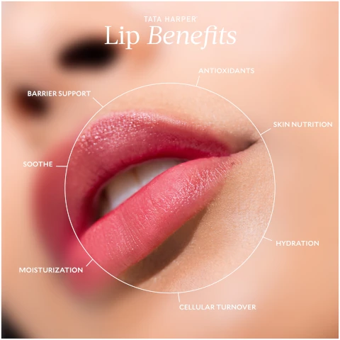 tata harper lip benefits. barrier support, antioxidants, skin nutrition, hydration, cellular turnover, moisturization, soothe