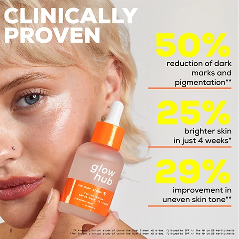 Image 1 - A close-up shows a person with blonde hair holding a Glow Hub The Scar Slayer facial serum bottle with an orange dropper, against a light background, accompanied by text that reads: CLINICALLY PROVEN 50% reduction of dark marks and pigmentation** 25% brighter skin in just 4 weeks* 29% improvement in uneven skin tone** A 4-week clinical study of using the Scar Slayer x2 a day, followed by SPF in the AM on 20 participants An 8-week clinical study of using the Scar Slayer x2 a day, followed by SPF in the AM on 20 participants. Image 2 - A before and after image shows a persons skin on the left with visible acne and dark spots and on the right, clearer skin with reduced blemishes, accompanied by the text 50% REDUCTION IN DARK MARKS + PIGMENTATION**, BEFORE, AFTER, CLINICALLY PROVEN SKIN TONE IS MORE EVEN, AREAS OF HYPERPIGMENTATION REDUCED, and the detailed disclaimer **A 4-week clinical study of using the Scar Saver x2 a day, followed by SPF in the AM on 20 participants. **An 8-week clinical study of using the Scar Saver x2 a day, followed by SPF in the AM on 20 participants. Image 3 - The image shows two frosted bottles of Glow Hub facial serum with orange caps and labels, featuring visible text that reads THE INCI GLOW_DOWN, glow hub, the scar slayer, facial serum, sérum pour le visage, tranexamic acid, + l-ascorbic acid, TRANEXAMIC ACID Brighten skin + improve the appearance of discoloration, scarring + dark spots, VITAMIN C Antioxidant-rich, skin-soothing agents ward off environmental stresses (e.g. UV pollution + dehydration), and PROBIOTIC Help strengthen the skin barrier, for a healthy microbiome & replenished skin. Image 4 - A before and after image shows a persons face with a left side featuring dark marks and pigmentation, contrasted with a right side displaying significantly clearer skin, accompanied by the text CLINICALLY PROVEN, BEFORE, AFTER, 50% REDUCTION IN DARK MARKS + PIGMENTATION**, *A 4-week clinical study of using the Scar Slewer x2 a day, followed by SPF in the AM on 20 participants, and **An 8-week clinical study of using the Scar Slewer x2 a day, followed by SPF in the AM on 20 participants. Image 5 - A before and after image displays a close-up of dark skin around a persons mouth, where the top half labeled >BEFORE shows uneven skin tone and the bottom half labeled >AFTER reveals visibly improved, more even skin tone with a circled area marked EVENED SKIN TONE, accompanied by the prominent text 29% IMPROVEMENT IN UNEVEN SKIN TONE and CLINICALLY PROVEN SKIN TONE IS MORE EVEN, AREAS OF HYPERPIGMENTATION REDUCED, with fine print stating **A 4-week clinical study of using the Scar Slayer x2 a day, followed by SPF in the AM on 28 participants **An 8-week clinical study of using the Scar Slayer x2 a day, followed by SPF in the AM on 28 participants. Image 6 - A split image shows a persons face with acne and redness on the left labeled >BEFORE, and clearer, calmer skin on the right labeled >AFTER 8 WEEKS, alongside text that says CLINICALLY PROVEN Breakouts are reduced and scarring is minimised. Skin is calmer & more even.