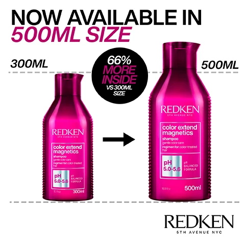 image 1, now available in 500ml size. 300ml vs 500ml. 66% more inside vs 300ml size. image 2, ph balanced formula, cares for the tone and vibrancy of professional colour.