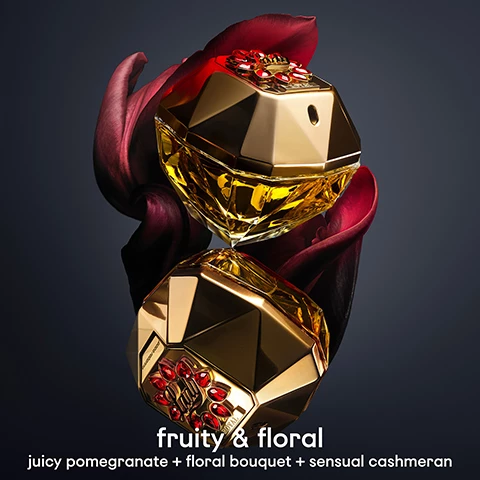 Image 1, fruity and floral, juicy pomegrante, floral bouquet and sensual cashmere. Image 2, perfumes on a scale of floral to sweet. lady million eau de parfum, sensual and floral. lady million royal eau de parfum, fruity and floral. lasy million fabulous eau de parfum intense, solar and floral.