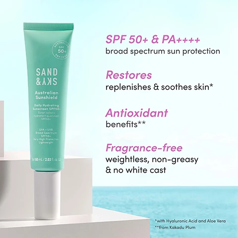 Image 1, SPF 50+ and PA++++ broad spectrum sun protection. restores, replenishes and soothes skin, antioxidant benefits, fragrance free, weightless, non greasy and no white cast. Image 2, AM Skincare essentials, 3 step AM routine. 1 = cleanse with deep pore cleanser. detoxifies and refines skin and clears congestion. 2 = exfoliate and tone with marshmellow toner. hydrates and brightens skin and gently exfoliates dead skin cells and minimizes pores. 3 = protect and hydrate with daily hydrating sunscreen spf 5-+. broadspectrum SPF50 and PA++++ and restores, replenishes and soothes skin. Image 3, find your perfect match: SPF edition. safeguard you skin with the right SPF. tinted glow primer SPF 30 Sunscreen. broadspectrum SPF3-, rosy tinited glow, sun and skin barrier protection, deep hydration. daily hydrating sunscreen SPF50+, boradspectrum SPF50+ and PA++++, non tinted, very high sun protection and antioxidation, deep hydration. Image 4, sell assessment on 12 sunjects after usage of the faily hydrating sunscreen SPF50+ said = 100% agree skin feels smoother, hydrated and protected from tanning. 100% agree texture is lightweight and easily absorbed into skin. 100% agree there was no white cast or stickiness. 100% agree formula is gentle and non-irritating and would recommend to others to use.
