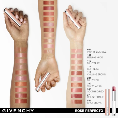 Model arm swath of all shades including:pink irresistible, feeling nude, milky nude, soft nude, chilling brown, milky pink, warm maple, soothing red, rouge graine snd spicy brown