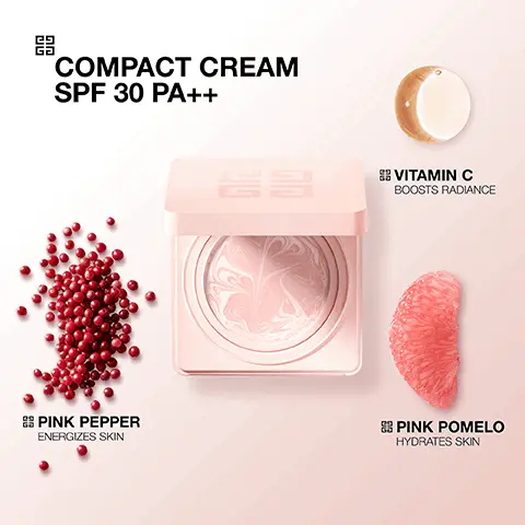 Image 1, compact cream SPF 30 PA++, vitamin C boosts radiance, pink pomelo hydrates skin, pink pepper energizes skin. Image 2, 24 hydration, SPF 30 PA++, +31% Smooth aspect of the skin, +47% rosy aspect of the skin, +37% plump aspect of the skin. Image 3, step 1: prepares and refine skin texture, step 2 revitalise and firm eye contour, step 3: boost rosy aspect and radiance. Step 4: fortify and moisturise, protect and refine skin texture and step 5: broad spectrum protection