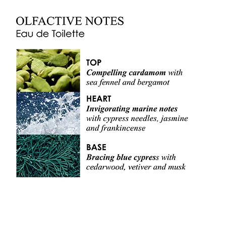Image 1, olfactive notes eau de toilette. top = compelling cardamon with sea fennel and bergamot. heart = invigorating marine notes, with cypress needles, jasmine and frankincense. base = bracing blue cypress with cedarwood, vtiver and musk. Image 2, our commitments, cruelty free, 100% vegetarian, reduced virgin materials, free from parabens, made in england 1971, responsible manufacturing, our formulas are 100% vegetarian.