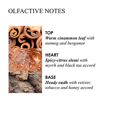 OLFACTIVE NOTES TOP Warm cinammon leaf with nutmeg and bergamot HEART Spicy-citrus elemi with myrrh and black tea accord BASE Heady oudh with vetiver, tobacco and honey accord