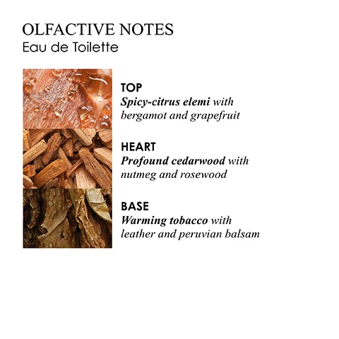 olfactive notes eau de toilette. top = spicy citrus elemi with bargamot and grapefruit. heart = profound cedarwood with nutmeg and rosewood. base = warming tobacco with leather and peruvian balsam