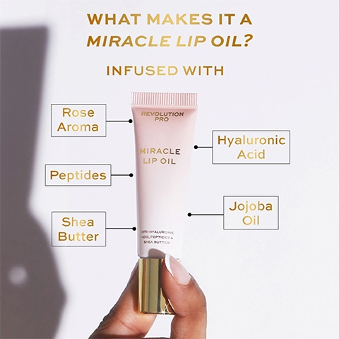 WHAT MAKES IT A MIRACLE LIP OIL?
              INFUSED WITH
              Rose Aroma
              peptides
              Shea Butter
              Hyaluronic Acid
              Jojoba Oil