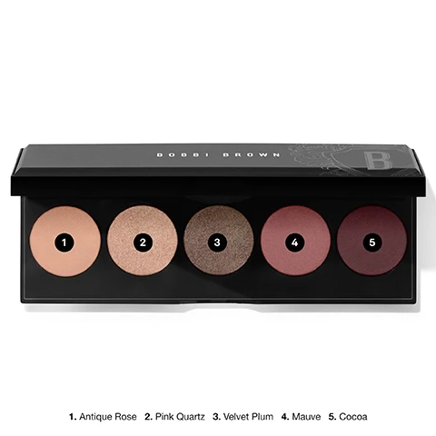 Image 1, shades in the palette, 1 = antique rose, 2 = pink rose, 3 = velvet plum, 4 = mauve, 5 = cocoa. Image 2, swatches on three different skin tones. all nudes eye shadow palettes in rosy nudes, 1 = antique rose, 2 = pink rose, 3 = velvet plum, 4 = mauve, 5 = cocoa