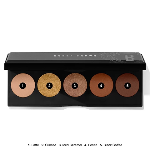 Image 1, shades in the palette, 1 = latte, 2 = sunrise, 3 = ice caramel, 4 = pecan, 5 = black coffee. Image 2, swatches on three different skin tones. all nudes eye shadow palettes in rosy nudes, 1 = latte, 2 = sunrise, 3 = ice caramel, 4 = pecan, 5 = black coffee