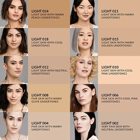 image 1, light 024 = light skin with warm peach undertones. light 18 = light skin with cool undertones. light 12 = light skin with neutral undertones, light 8 = fair skin with warm olive undertones, light 4 = fair skin with warm undertones. light 21 = light skin with warm undertones. light 15 = light skin with warm golden undertones, light 10 = light skin with cool pink undertones. light 6 = fair skin with cool pink undertones. light 2 = very fair skin with neutral undertones. image 2, medium 54 = medium skin with neutral undertones. medium 48 = medium skin with cool undertones. medium 42 = medium skin with warm undertones. medium 36 = light to medium skin with warm undertones. medium 30 = light to medium skin with warm peach undertones. medium 51 = medium skin with warm undertones. medium 45 = medium skin with neutral peach undertones. medium 39 = medium skin with neutral undertones. medium 33 = light to medium skin with warm golden undertones. medium 27 = light to medium skin with neutral undertones. image 3, tan 78 = tan to deep skin with warm undertones. tan 74 = tan to deep skin with neutral golden undertones. tan 70 = tan skin with warm terra cotta undertones. tan 66 = medium to tan skin with neutral undertones. tan 60 = medium to tan skin with neutral golden undertones. tan 76 = tan to deep skin with neutral undertones. tan 72 = tan to deep skin with neutral bronze undertones. tan 68 = tan skin with warm undertones. tan 63 = medium to tan skin. tan 57 = medium to tan skin with neutral undertones. image 4, deep 98 = very deep skin with cool neutral undertones. deep 94 = very deep skin with neutral bronze undertones. deep 90 = deep skin with warm sienna undertones. deep 86 = deep skin with warm terra cotta undertones. deep 82 = deep skin with cool neutral undertones. deep 96 = very deep skin with neutral undertones. deep 92 = deep skin with neutral golden undertones. deep 88 = deep skin with cool neutral undertones. deep 84 = deep skin with neutral undertones. deep 80 = deep skin with warm bronze undertones. image 5, swatches of the shades on 4 different skin tones. image 6, good apply foundation comparison. good apply skin perfecting foundation balm, best for = balanced to dry skin. performance = hydrating all day wear. look = natural full coverage. formula - iconic lightweight balm. key ingredients = apply extract helps nourish skin, sodium hyaluronate helps hydrate skin. good apply full coverage serum foundation, best for = combo to oily skin. performance = transfer proof extreme long wear. look = natural full coverage. formula = serum light liquid. key ingredients = apple extract helps keep skin looking fresh, quince lead extract helps keep shine in check instantly and all day