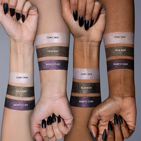 swatches on 4 different skin tones - cosmic slave, polar night, magnetic cloud