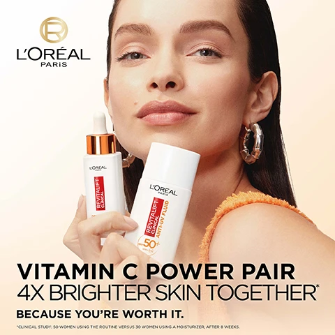 Image 1 - A woman with long hair holds two LOréal skin care products, a dropper bottle and a cream container, with a confident expression, against a soft background, featuring the text VITAMIN C POWER PAIR 4X BRIGHTER SKIN TOGETHER* BECAUSE YOURE WORTH IT.
              Image 2 - An image showing a skincare routine titled Brightening Routine with two products: a dropper bottle labeled LOreal Revitalift Clinical Pure Vitamin C Serum and a tube labeled LOreal Revitalift Clinical Invisible Daily UV Fluid SPF 50+ along with the steps Step 1: Brighten and Step 2: Protect.
              Image 3 - Image features two skincare products from LOréal Paris: a bottle of Revitalift Clinical Derm-Grade 12% Vitamin C Serum and a bottle of Revitalift Clinical Anti-UV Fluid SPF 50+, both placed against a white background, with text highlighting their benefits and features.
              Image 4 - Image showing a side-by-side comparison of a womans face before and after using a skincare product, with visible skin improvements; text reads CLINICALLY TESTED ON ALL SKIN TONES and BEFORE | AFTER* *ILLUSTRATION OF SKIN RESULTS AFTER USING VIT C SERUM + UV FLUID SPF50+ DURING 8 WEEKS ON SKIN EVENNESS, FINE LINES & PORES. RESULTS MAY VARY FROM ONE INDIVIDUAL TO ANOTHER.
              Image 5 - Image shows a close-up of hair with a bright yellow background, promoting hair care benefits with the text 10X SMOOTHER HAIR MIRROR LIKE SHINE, and small print stating *Instrumental test using shampoo & Hair Drink.
              Image 6 - Two young women are smiling and posing closely together against a pastel-colored background, one with long straight brown hair in a ponytail wearing a shiny vest, and the other with long wavy blonde hair wearing a blue top and purple choker.
