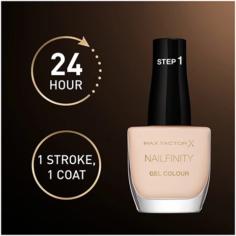 Image 1, 24 hour, 1 stroke, 1 coat. Image 2, easy application, salon like effect. Image 3, long lasting and chip repellent finish. Image 4, 2 step maniucure routine, step 1 = apply nailfinity color, step 2 = seal in the color with the top coat. Image 5, discover the nailfinity shade range.