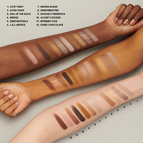 Model arm swatch of all shades, cozy grey, sat taupe, dial up the gold, wedge, send neutrals, LES artiste, hidden album, uninterrupted, give me cyberspace, accept cookies, internet star and sonic chocolate