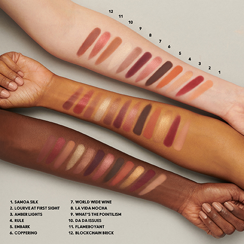 Model arm swatch of all shades, Samoa silk, lourve at first sight, amber lights, rule, embark, coppering, world wide wine, la vida mocha, what's the pointillism, da da issues, flameboyant and blockchainbrick