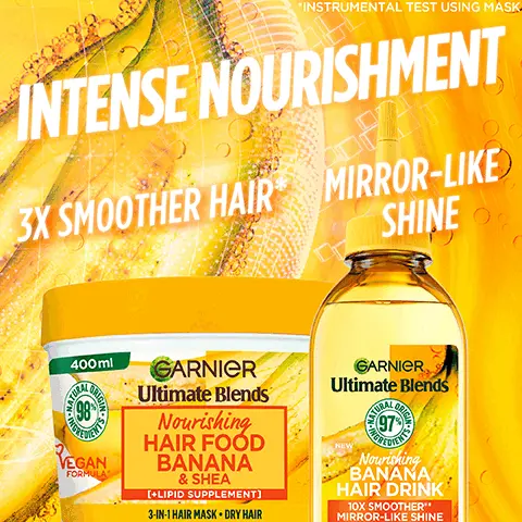 Image 1: Intense nourishment 3x smoother hair and mirror like shine. Image 2: Nourishing banana