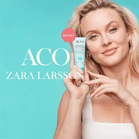 Gif showing Zara Larsson posing with the face cream and applying it to her cheek. Text reads Neuheit. ACO Zara Larsson. Pure Glow, Wirkt unreinheiten entgegen boostet deinen glow.