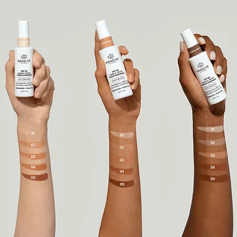 Swatches of the different shades are modelled across three different skin tones. Before and immediately after Flex-perfecting 01. All models are wearing Flex-perfecting 01. Adapts to all fair complexions. Before and immediately after Flex-perfecting 02. All models are wearing Flex-perfecting 02. Adapts to all light-medium complexions. Before and immediately after Flex-perfecting 03. All models are wearing Flex-perfecting 03. Adapts to all medium complexions. Before and immediately after Flex-perfecting 04. All models are wearing Flex-perfecting 04. Adapts to all medium-deep complexions. Before and immediately after Flex-perfecting 05. All models are wearing Flex-perfecting 05. Adapts to all medium-deep complexions.