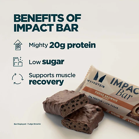 Image 2-myprotein-en_IN - The image shows a Myprotein Impact Bar in Fudge Brownie flavor, broken in half to reveal its chocolate chip interior, next to its packaging, with a list of benefits stating BENEFITS OF IMPACT BAR, Mighty 20g protein, Low sugar, Supports muscle recovery, and additional visible text MYPROTEIN IMPACT Bar FUDGE BROWNIE FLAVOUR 20g PROTEIN / LOW SUGAR HIGH LOW and Bar Displayed - Fudge Brownie. Image 3-myprotein-en_IN - A person in a dark teal sports bra and shorts holds a partially unwrapped chocolate protein bar that says IMPACT Bar, next to text reading 20 YEARS OF RELENTLESS REFINEMENT, Expertly crafted by nutritionists, Quality assured by independent testers, Formulas refined by real research, Produced at Myproteins outstanding facilities.