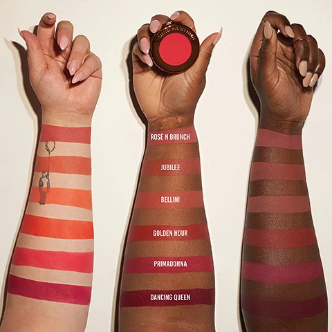 Image 1, swatches on 3 different skin tones, rose in a brunch, jubilee, bellini, golden hour, primadonna, dancing queen. Image 2, perfect pairings for your skin tones, fair = rose in a bunch, light = bellini, medium = jubilee, tan = golden hour, dark = primadonna, deep = dancing queen. Image 3, 6 shades shown on 6 different skin tones. Image 4, texture reducing, blurs and smooths. upsalite the ultimate blurring ingredient. Image 5, reasons to believe = upsalite, absorbs excess oils and sweat, vegan squalane and hyaluronic acid - retains moisture and hydration. perfect for all skin types. Image 6, works for all skin types, dry skin, oily skin, mature skin, acne prone skin.