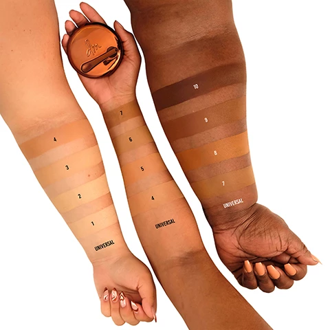 Image swatches on 3 different skin tones. Image 2, yummy skin blurring balm powder shade finder. fair shade 1-2. light shade 2-3, medium shade 3-4. tan shade 5-6. dark shades 7-8. deep shade 8-9. very deep shade 9-10, all skin tones, universal. Image 3, how do you balm powder? prime with universal or tinted. highlight and contour with tinted. set foundation with universal or tinted. sheer coverage with tinted. set and add coverage with tinted. how to prime, prime your eyes or complexion. apply with fingers top and blend. how to highlight and contour, apply with fingers or a brush, use a shade at least 2  shades lighter or deeper than your skin tone. how to set foundation, tap on with fingers or dense brush and stretch to blend. how to get sheer coverage, press and roll in even layer into textured or oily areas. how to set and add coverage, press and roll through the t zone and top to build additional coverage where needed. Image 4, clinical studies showed, statistically significant improvements for pore appearance, texture, fine line and wrinkles. 90% said ti looked more natural than powder, delicious before and yummy after. 84% saw a reduction or pore size and or visible fine lines, delicious before and yummier after. 94% found their skin looked smoother or had improved texture, delicious before, yummier after. 96% said their skin appeared less oily throughout the day, delicious before, yummier after. *based on two clinical studies, unretouched results. Image 5, it reads your skin and adjusts for you what you need. a clinical study showed: instantly reduced shine by 48%, 97% said their skin appeared matte over time, 90% said it balanced their skin throughout the day. what does that mean for you? balanced skin all day. powered by upsalite, this swedish super ingredients encapsulates and balances sebum and sweat through the day for a natural matte finish. good for all skin types. dermatologist tested. non comedogenic.