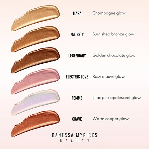 Image 1, tiara - champagne glow. majesty - burnished bronze glow. legendary - golden chocolate glow. electric love - rosy mauve glow. femme - lilac pink opalescent glow. crave - warm copper glow. Image 2, femme, on fair, medium and deep skin. Image 3, swatches on three different skin tones - legendary, majesty crave, electric love, femme and tiara. Image 3, get the look sculpt and glow. step 1 = apply 3 dots and tap and blend into hollows of cheek. step 2 = apply 3 dots to the top of cheekbones. step 3 = tap and blend into c of the temple and cheekbones. final look. Image 4, hyper radiant highlighter, all shades, all skin tones, second skin smooth texture, all glow no glitter.