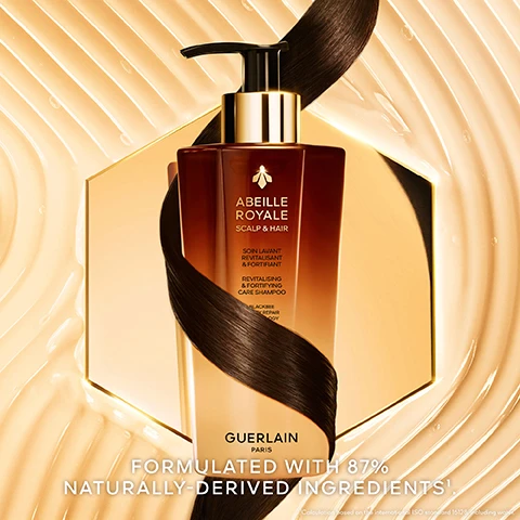 Image 1, formulated with 87% naturally derived ingredients. Image 2, hair that is visibly revitalised +35%, stronger +24%, softer +31%, shinier +36%, suppler +26%. Image 3, blackbee honey repair technology. black bee honey from quessant island, honey from corsica, honey from aland, honey from ikaria. phytoceramides, arginine, d-panthenol, cassia alta extract. Image 4, revitalising caffeine. Image 5, guerlain has been actively committted to protecting bees, the sentinels of the environment.