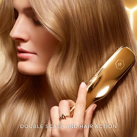 Image 1, double scalp and hair action. Image 2, stimulates the scalp gently detangles. enhances hair reactivates its shine. Image 3, guerlain has been actively committted to protecting bees, the sentinels of the environment.